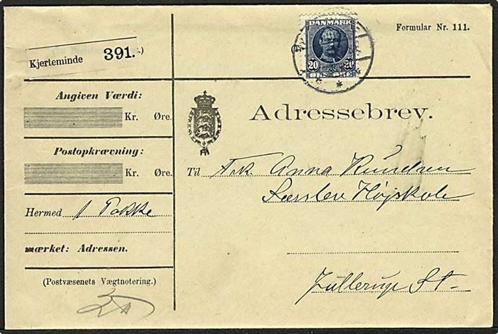 20 øre Fr. VIII single på adressebrev fra Kjerteminde d. 23.6.1910 til Jullerup.