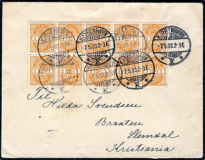 1 øre Våben i 10-blok på brev fra Kjøbenhavn d. 7.5.1903 til Kristiania, Norge.