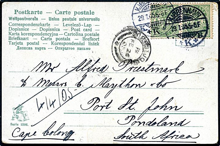 5 øre Våben i parstykke på brevkort fra Kjøbenhavn d. 29.1.1905 til Port St. John, Pondoland, Cape Colony, Sydafrika. Ank.stemplet Port St. John d. 26.2.1905.