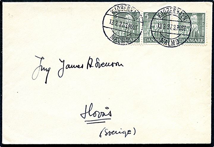 5 øre Nikolai Kirke (3) på brev annulleret med sejlende bureaustempel Kjøbenhavn - Malmø 3. Post d. 13.3.1937 til Hovås, Sverige.