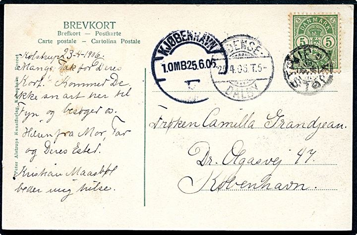 5 øre Våben på brevkort (Kjølstrup kirke) annulleret med stjernestempel KJØLSTRUP og sidestemplet bureau Odense - Dalby T.5 d. 24.4.1906 til Kjøbenhavn.