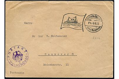 Ufrankeret postsag fra Postamt Warnemünde stemplet Deutsche Seepost Gjedser - Warnemünde Fh d. 8.6.1932 til Hannover, Tyskland.