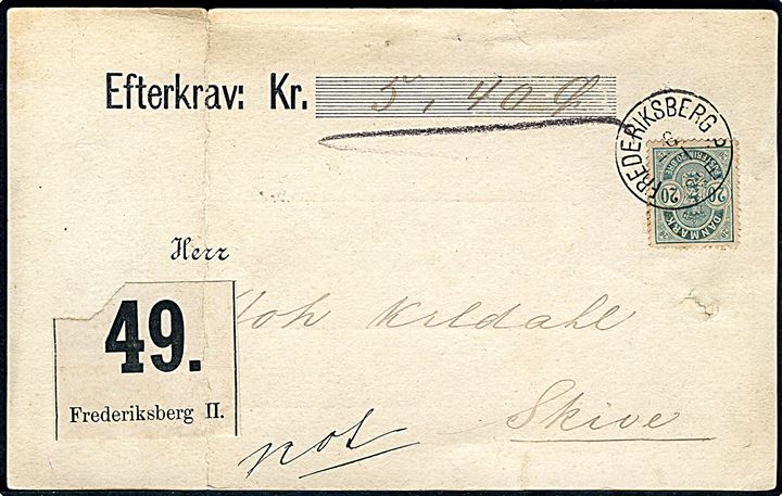 20 øre Våben single på privat postopkrævning fra Fabrikken CARL annulleret med lapidar Frederiksberg P. d. 6.1.1888 til Skive. Lodret fold.
