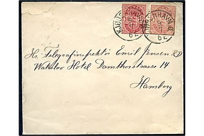 10 øre Våben og 10 øre Våben helsagsafklip på brev annulleret med lapidar Kjøbenhavn Ø d. 9.7.1894 til Hamburg, Tyskland.