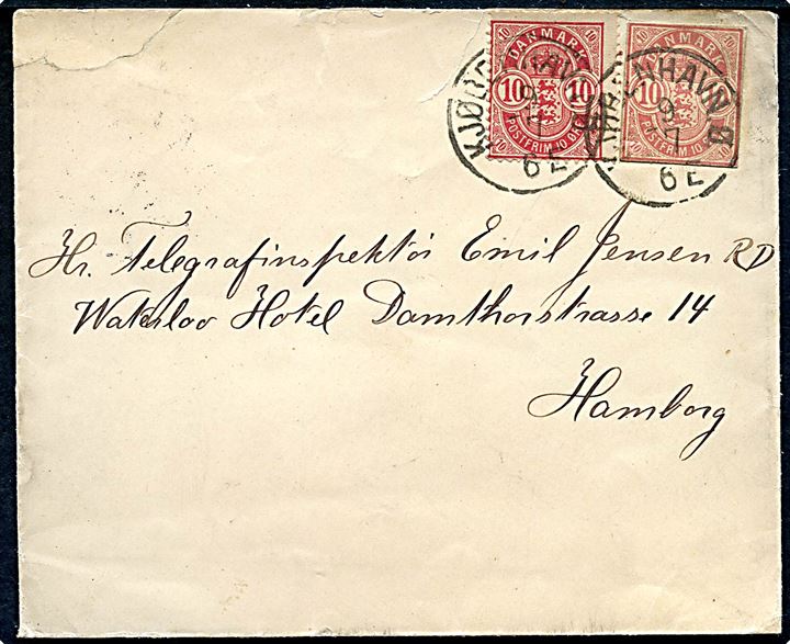 10 øre Våben og 10 øre Våben helsagsafklip på brev annulleret med lapidar Kjøbenhavn Ø d. 9.7.1894 til Hamburg, Tyskland.