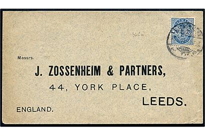 20 øre Våben med matricefejl Mgl. fodstreg på 2 på brev fra Kjøbenhavn d. 13.2.1905 til Leeds, England.