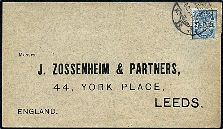 20 øre Våben med matricefejl Brud på yder cirkellinie om højre 20 på brev fra Kjøbenhavn d. 6.2.1905 til Leeds, England.