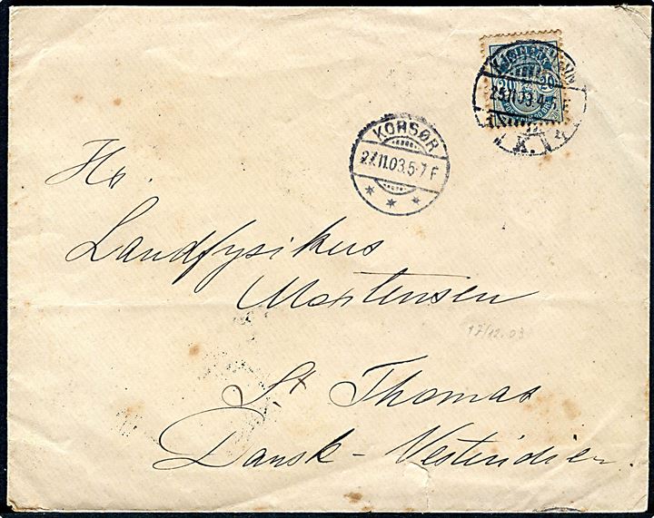 20 øre Våben på brev fra Kjøbenhavn d. 25.11.1903 via Korsør til St. Thomas, Dansk Vestindien. Ank.stemplet i St. Thomas d. 17.12.1903.