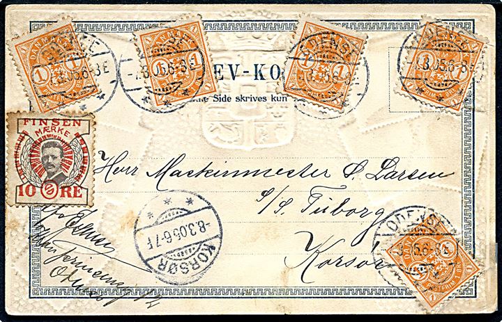 1 øre Våben (5) og 10 øre Finsen mærke på brevkort (Danske frimærker) fra Odense d. 7.3.1905 til sømand ombord på S/S Tuborg i Korsør.