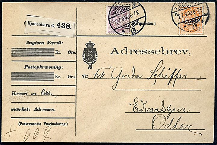 1 øre og 15 øre Våben på adressebrev for pakke fra Kjøbenhavn d. 27.9.1902 til Odder.