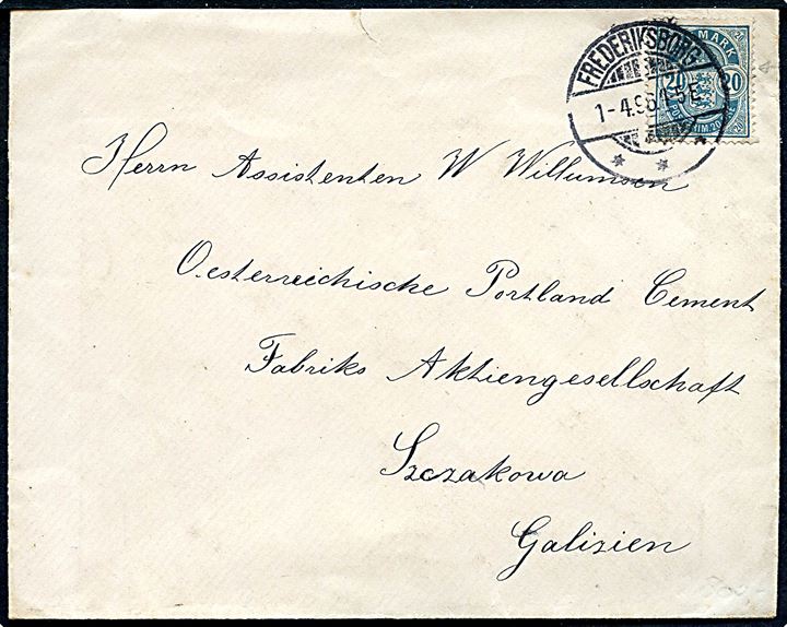 20 øre Våben med matricefejl Brud på ydre cirkel om højre 20 på brev fra Frederiksborg d. 1.4.1896 til Szczakowa, Galizien, Østrig.