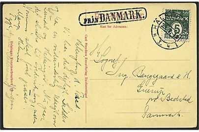 5 øre Bølgelinie på brevkort fra Helsingør annulleret med svensk stempel Hälsingborg d. 29.7.1913 og sidestemplet Från Danmark til Bedsted, Danmark.