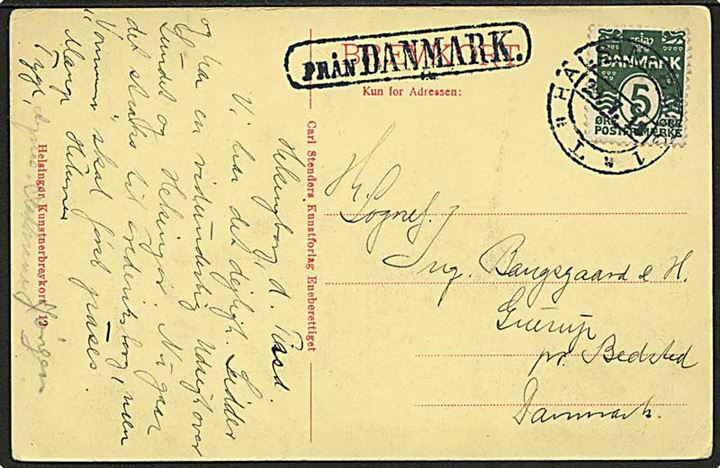 5 øre Bølgelinie på brevkort fra Helsingør annulleret med svensk stempel Hälsingborg d. 29.7.1913 og sidestemplet Från Danmark til Bedsted, Danmark.