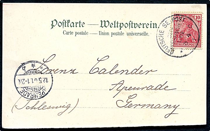 10 pfg. Germania på postkort (Afklip af Menukort fra Reichs Postdampfer Prinzesse Irene ) annulleret med skibsstempel Deutsche Seepost Ostasiatische Linie c d. 6.4.1901 til Apenrade, Nordslesvig.