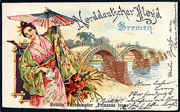 10 pfg. Germania på postkort (Afklip af Menukort fra Reichs Postdampfer Prinzesse Irene ) annulleret med skibsstempel Deutsche Seepost Ostasiatische Linie c d. 6.4.1901 til Apenrade, Nordslesvig.