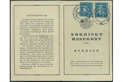 25 öre Gustaf i vandret parstykke på forsiden af Nordisk Resekort annulleret Stockholm 14 d. 20.2.1932. 