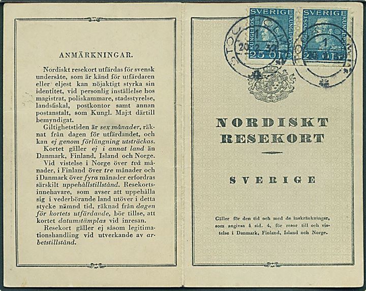 25 öre Gustaf i vandret parstykke på forsiden af Nordisk Resekort annulleret Stockholm 14 d. 20.2.1932. 