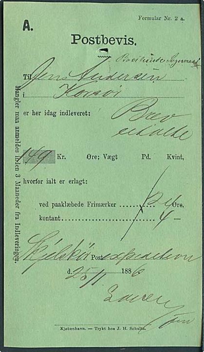 Postbevis formular nr. 2 a dateret Skælskør d. 25.1.1886 for afsendelse af værdibrev til Korsør.