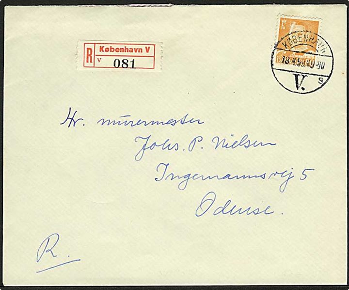 80 øre Fr. IX single på anbefalet brev fra København d. 18.4.1959 til Odense.