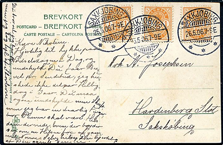 1 øre Våben (3) på lokalt brevkort i Sakskjøbing d. 25.5.1906.