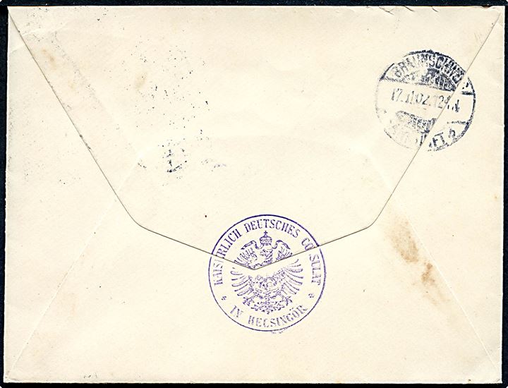 10 øre Våben i parstykke på brev fra Helsingør d. 16.11.1902 til Braunschweig, Tyskland. På bagsiden stempel: Kaiserlische Deutsches Consulat in Helsingör.
