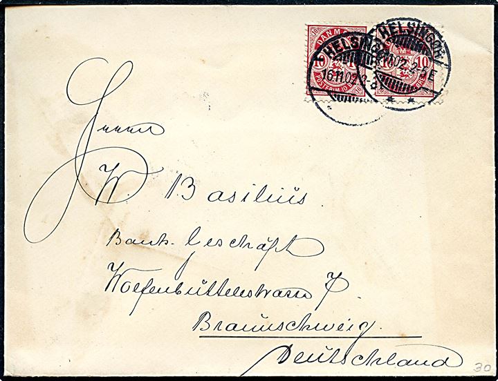 10 øre Våben i parstykke på brev fra Helsingør d. 16.11.1902 til Braunschweig, Tyskland. På bagsiden stempel: Kaiserlische Deutsches Consulat in Helsingör.