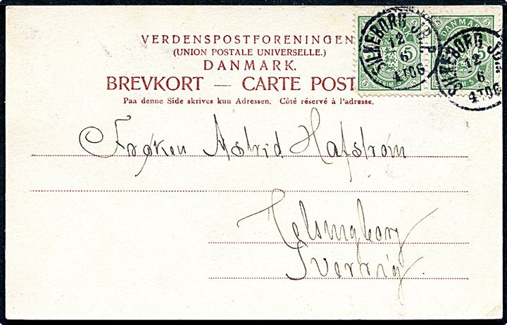 5 øre Våben i parstykke på brevkort annulleret med lapidar Silkeborg JB.P. d. 12.6.1904 til Helsingborg, Sverige.
