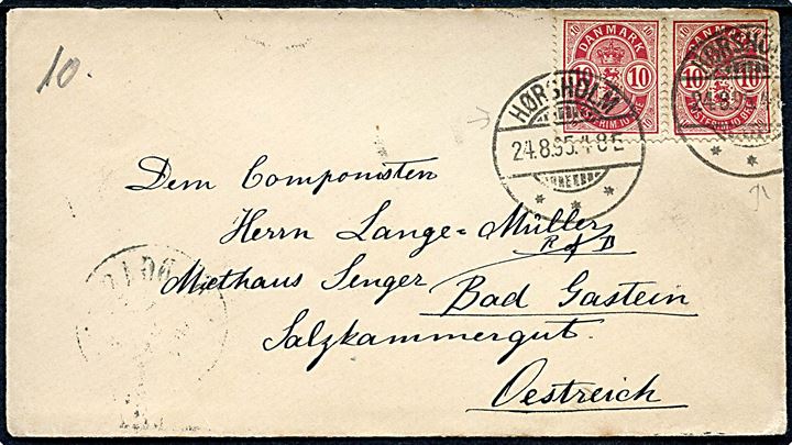 10 øre Våben (2) på brev fra Hørsholm d. 24.8.1895 til komponist Lange-Müller, Bad Gastein, Salzkammergut, Østrig.