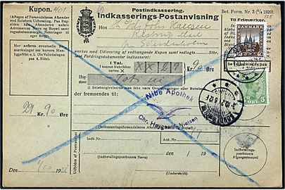 5 øre Chr. X og 40 øre Genforening på retur Indkasserings-Postanvisning fra Nibe d. 1.10.1921 til Sønderholm.