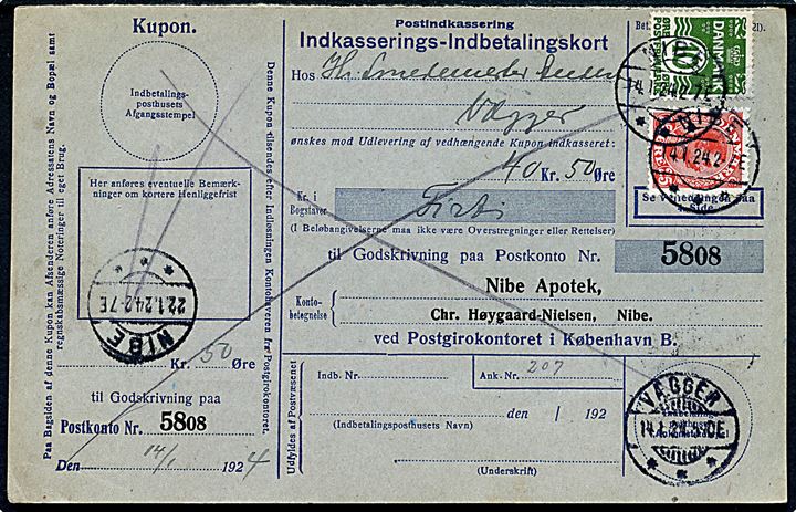 10 øre Bølgelinie og 25 øre Chr. X på retur Indkasserings-Indbetalingskort fra Nibe d. 14.1.1924 til Vægger.