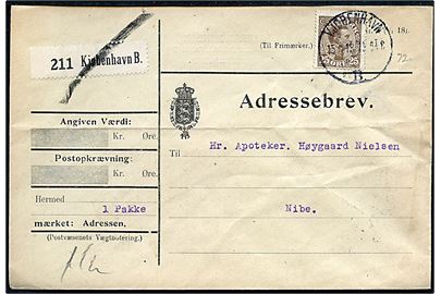 25 øre Chr. X med perfin AB på adressebrev for pakke fra firma Alfred Benzon i Kjøbenhavn d. 15.11.1919 til Nibe.