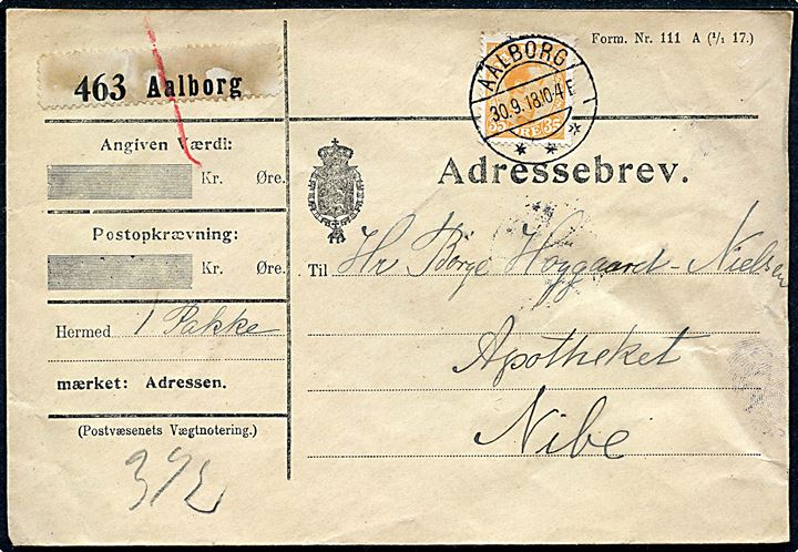 35 øre Chr. X single på adressebrev for pakke fra Aalborg d. 30.9.1918 til Nibe.