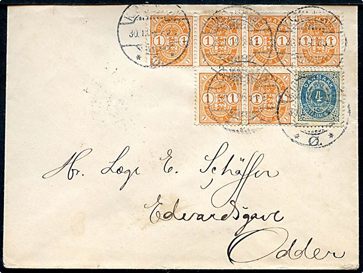 4 øre Tofarvet omv. rm. og 1 øre Våben (6) på brev fra Kjøbenhavn d. 30.1.1904 til Odder.