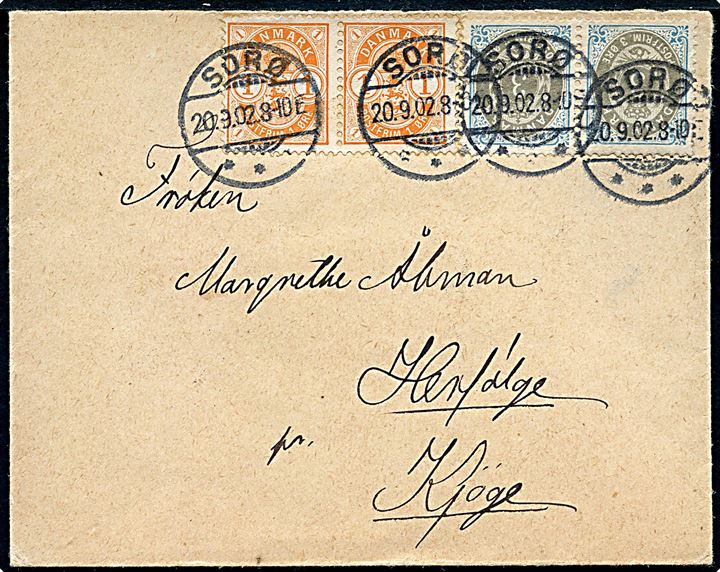 1 øre Våben og 3 øre Tofarvet i parstykker på brev fra Sorø d. 20.9.1902 til Herfølge pr. Kjøge.