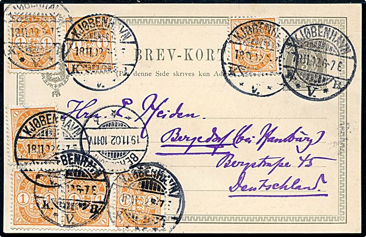 3 øre helsagsbrevkort opfrankeret med 1 øre Våben (7) fra Kjøbenhavn d. 18.11.1902 til Bergedorf, Tyskland.