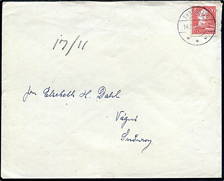 20 øre Chr. X på brev stemplet Thorshavn d. 18.11.1943 til Vagur på Suderoy.