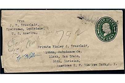 1 cents helsagskorsbånd fra Opeleusas, Louisiana under 1. verdenskrig til soldat ved 155th Ambulance Co., 114th San. Train. 39th Division, American E.F. via New York, N.Y. Omadresseret til 156th Amb. Co. i Frankrig.