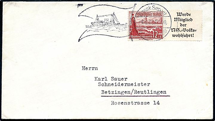 12+6 pfg. Færge Winterhilfswerk med vedhæng på brev annulleret med dansk skibsstempel Dansk Søpost Warnemünde-Gedser D. 4.2.1938 F.100 til Reutlingen, Tyskland.