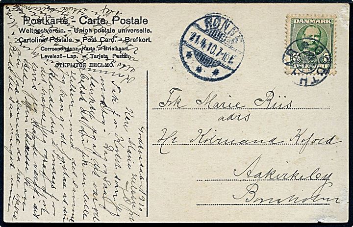 5 øre Fr. VIII på brevkort annulleret med stjernestempel GODTHAAB og sidestemplet Rønne d. 21.4.1910 til Aakirkeby.