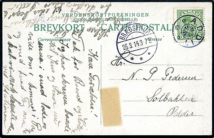 5 øre Chr. X på brevkort annulleret med stjernestempel ADDIT og sidestemplet Brædstrup d. 26.3.1914 til Odder. Mærke fra tape på adressesiden.