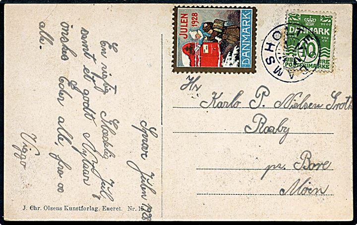 10 øre Bølgelinie og Julemærke 1928 på brevkort (København set fra Flyvemaskine) annulleret med stjernestempel DAMSHOLTE til Borre.
