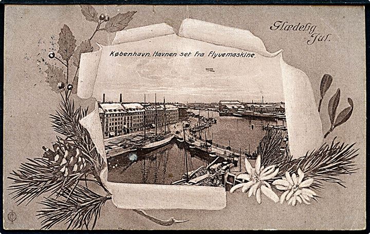 10 øre Bølgelinie og Julemærke 1928 på brevkort (København set fra Flyvemaskine) annulleret med stjernestempel DAMSHOLTE til Borre.