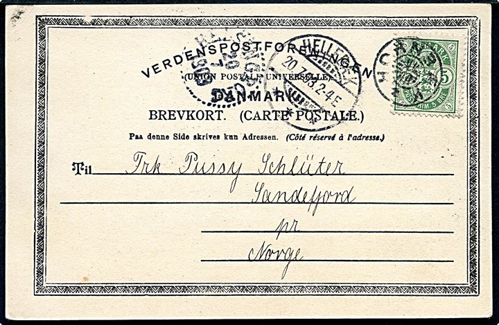 5 øre Våben på brevkort annulleret med stjernestempel HORNBÆK sidestemplet Hellebæk d. 20.7.1903 via Helsingborg til Sandefjord, Norge.