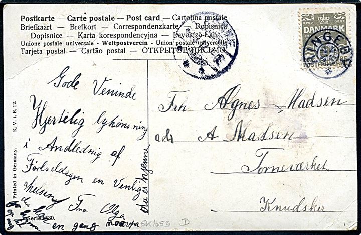 3 øre Bølgelinie på lokalt brevkort annulleret med stjernestempel RINGEBY og sidestemplet Rønne i 1912 til Knudsker.