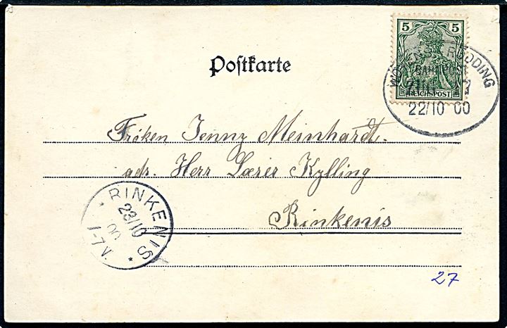 5 pfg. Germania på brevkort (Dansk tyske grænse ved Kongeåen) annulleret med bureaustempel Woyens - Rödding Bahnpost Zug 17 d. 22.10.1900 til Rinkenis.