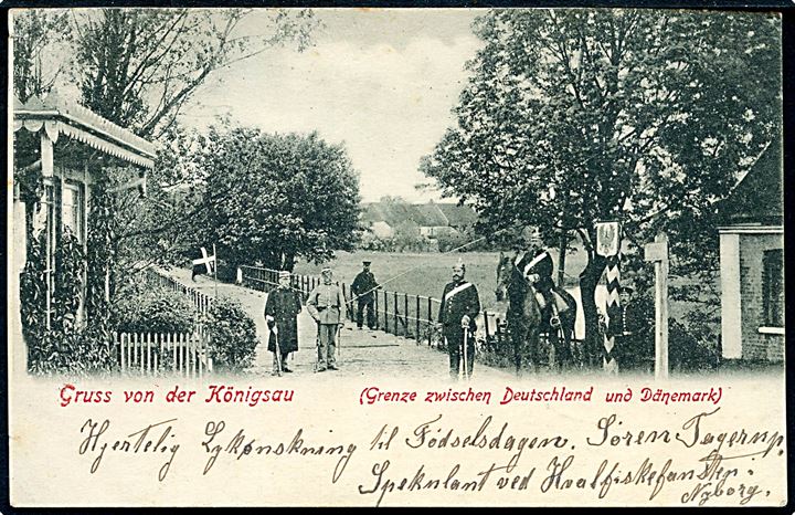 5 pfg. Germania på brevkort (Dansk tyske grænse ved Kongeåen) annulleret med bureaustempel Woyens - Rödding Bahnpost Zug 17 d. 22.10.1900 til Rinkenis.