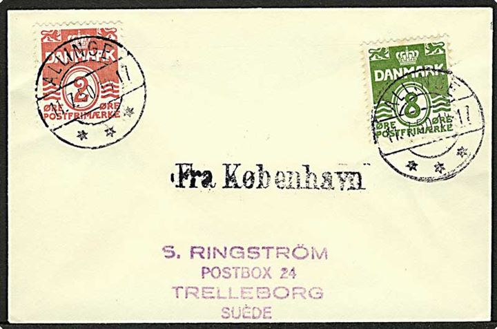 2 øre og 8 øre Bølgelinie på filatelistisk tryksag stemplet Allinge d. 11.7.1950 og sidestemplet Fra København til Trelleborg, Sverige.