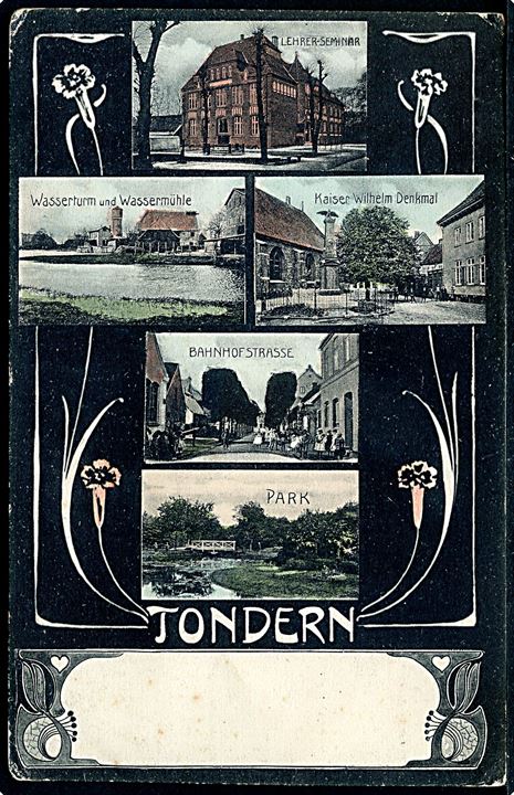 Tønder, partier med bl.a. Bahnhof Strasse, Lehrer-Seminar og Wassermühle. M. Glückstadt & Münden no. 32694.