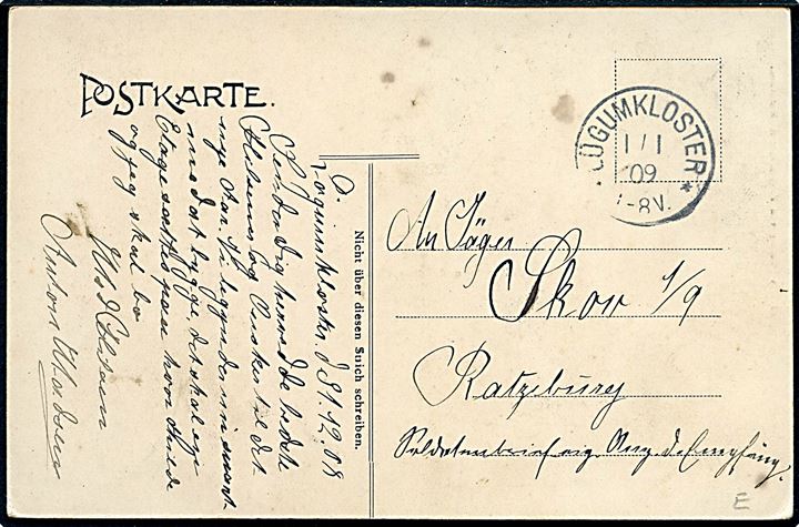 Løgumkloster, Nytårskort med kirke og slot. H. Michelsen no. 127538. Anvendt som ufrankeret soldaterbrevkort 1909. 