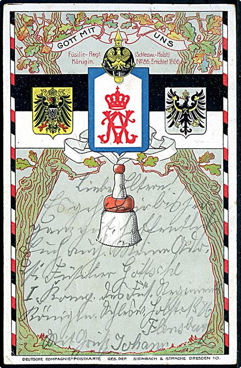 Regimentskort for Füsilir.-Regt. Königin (Schlesw.-Holst.) No. 86 i Flensburg. Steinbach & Strache.